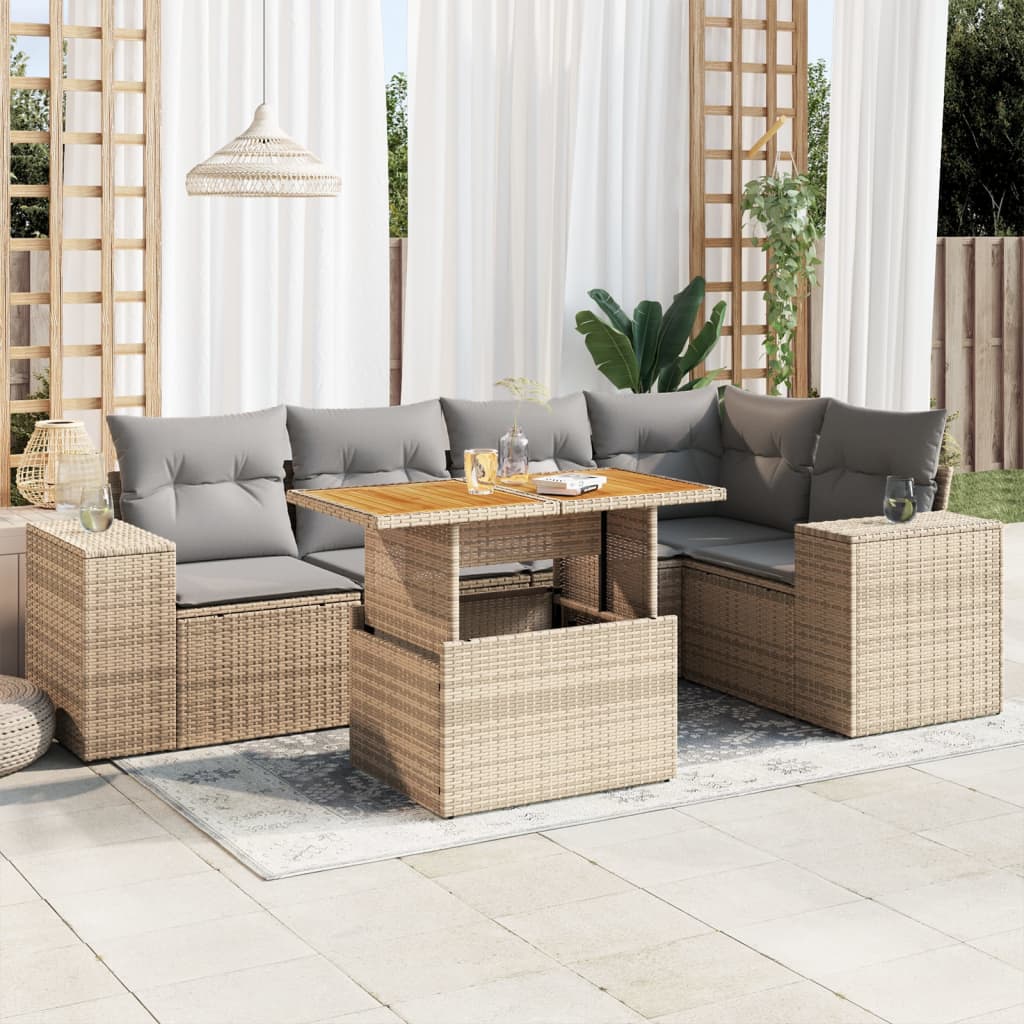 VidaXL 6-delige Loungeset met kussens poly rattan beige