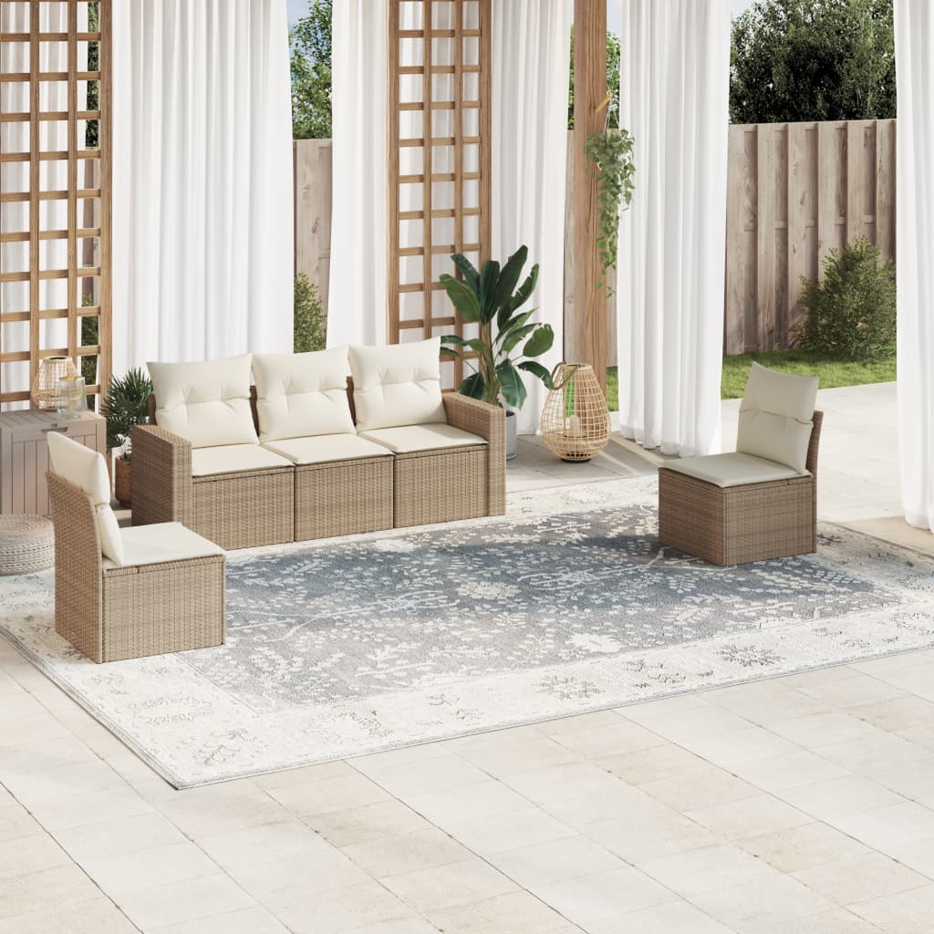 VidaXL 5-delige Loungeset met kussens poly rattan beige