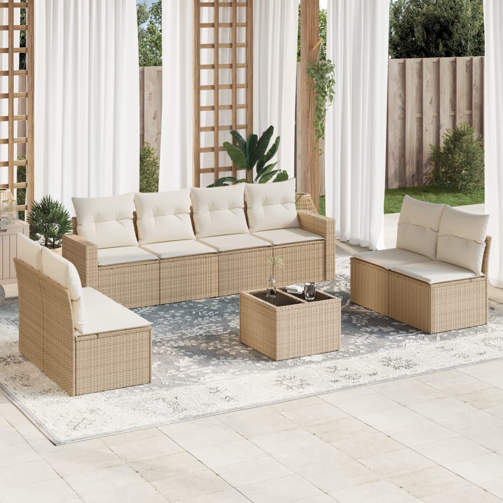 VidaXL 9-delige Loungeset met kussens poly rattan beige