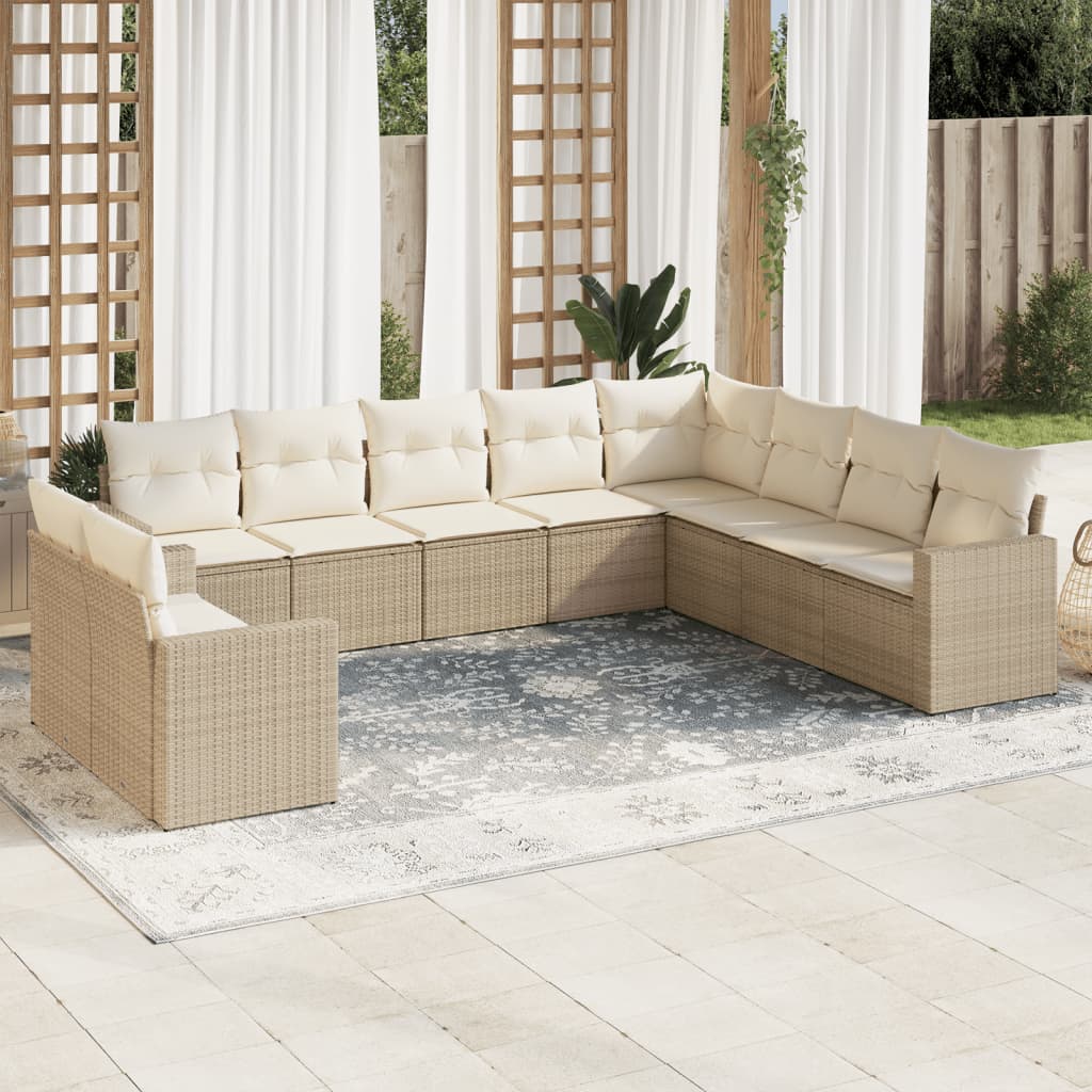 VidaXL 10-delige Loungeset met kussens poly rattan beige