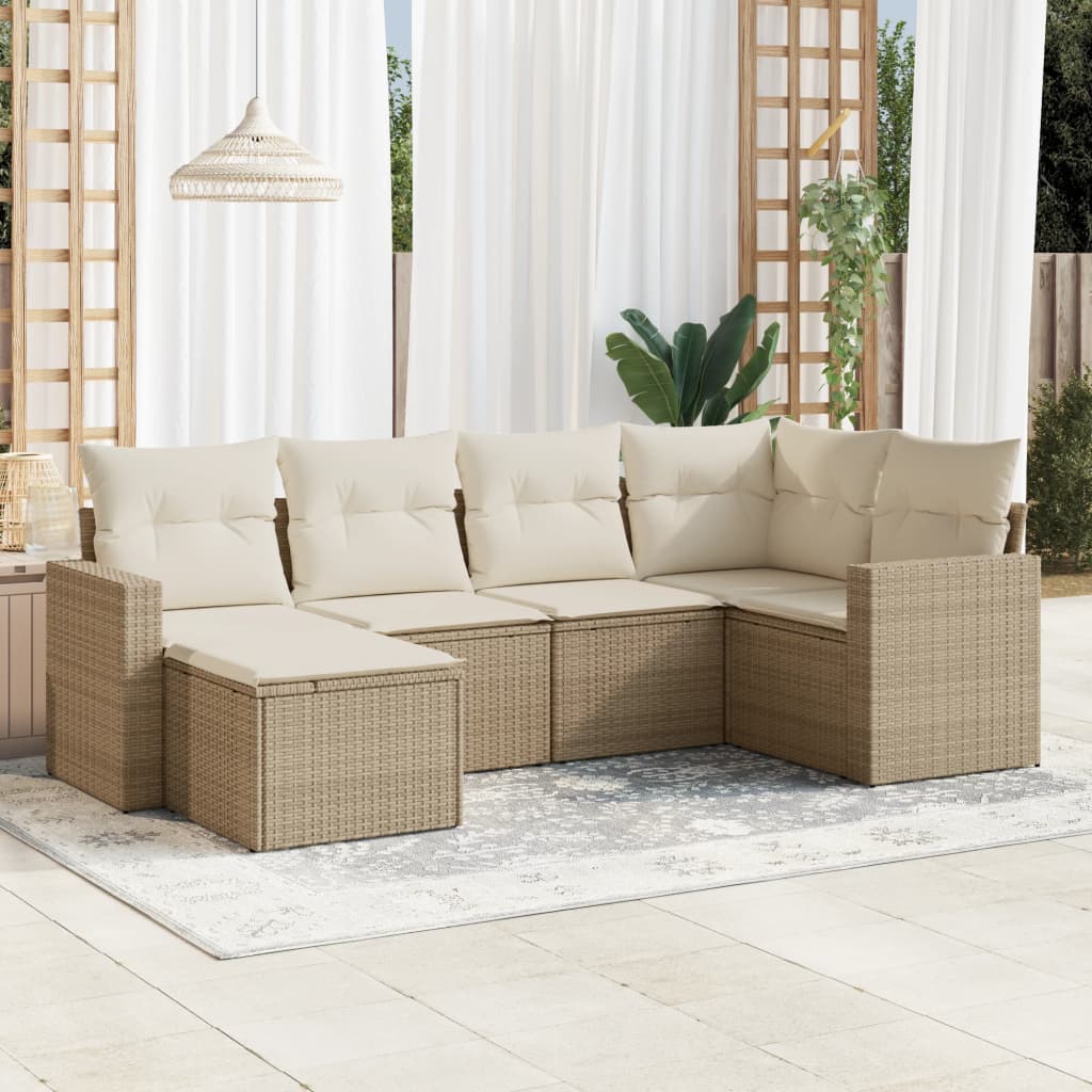 VidaXL 6-delige Loungeset met kussens poly rattan beige