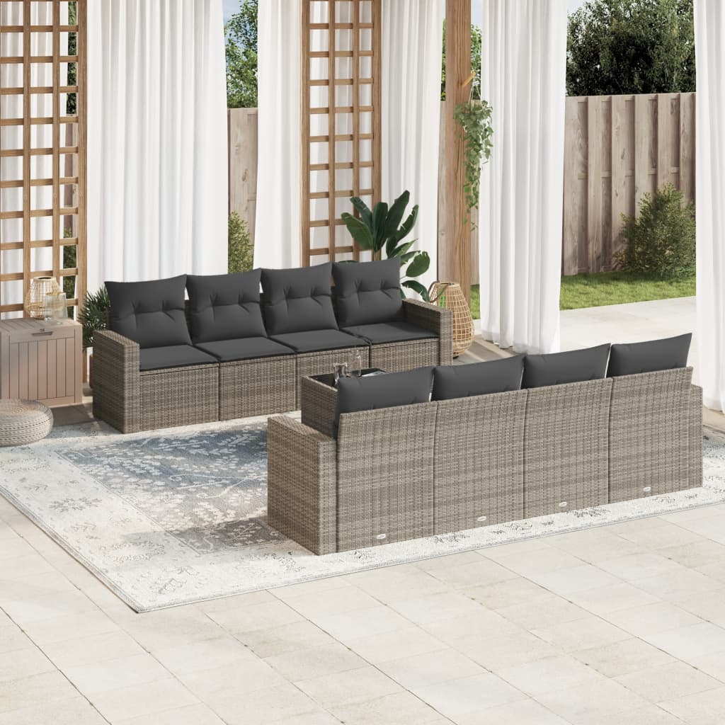 VidaXL 9-delige Loungeset met kussens poly rattan grijs