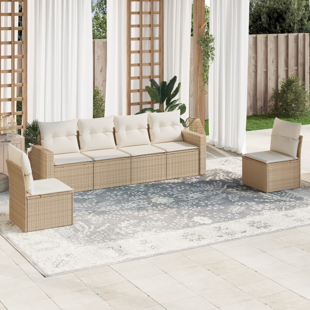 VidaXL 6-delige Loungeset met kussens poly rattan beige