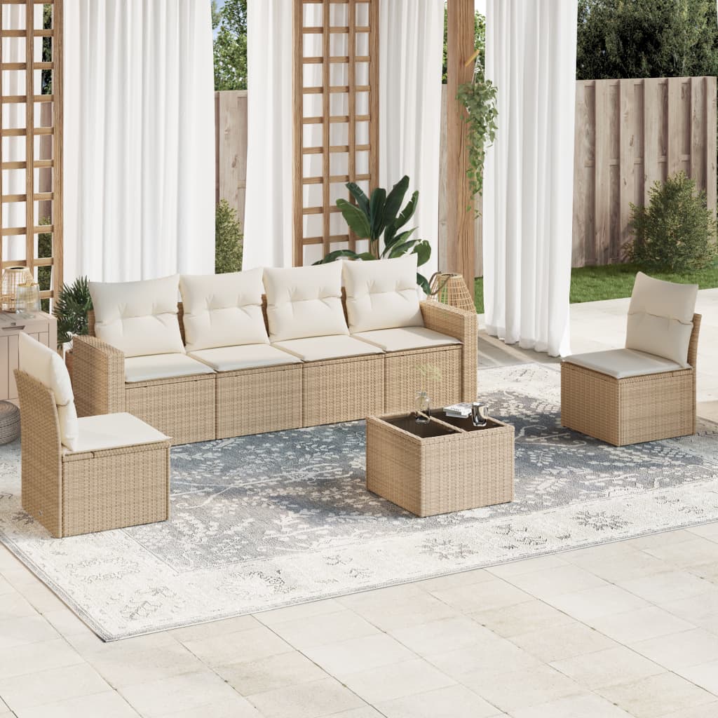 VidaXL 7-delige Loungeset met kussens poly rattan beige