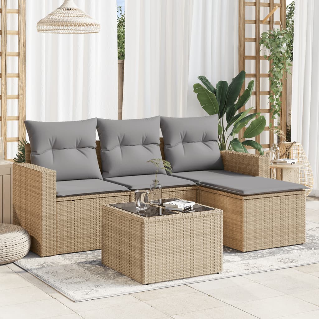 VidaXL 5-delige Loungeset met kussens poly rattan beige