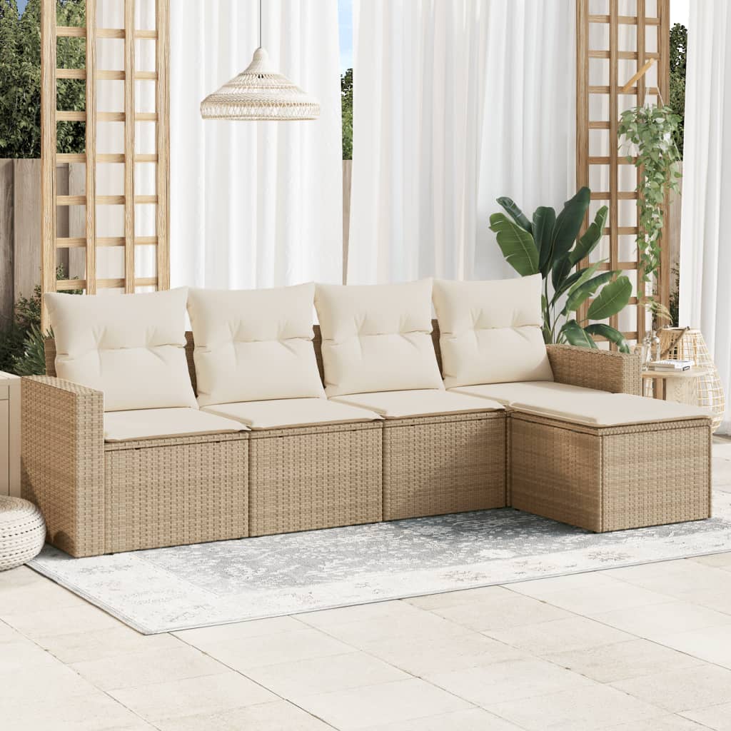 VidaXL 5-delige Loungeset met kussens poly rattan beige