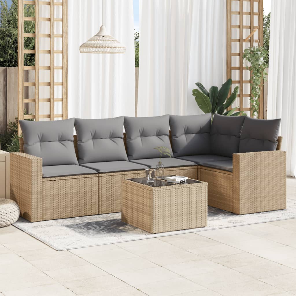 VidaXL 6-delige Loungeset met kussens poly rattan beige