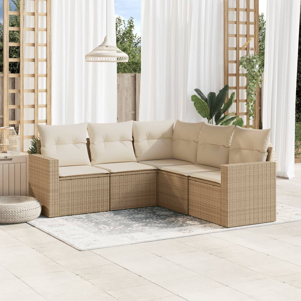 VidaXL 5-delige Loungeset met kussens poly rattan beige