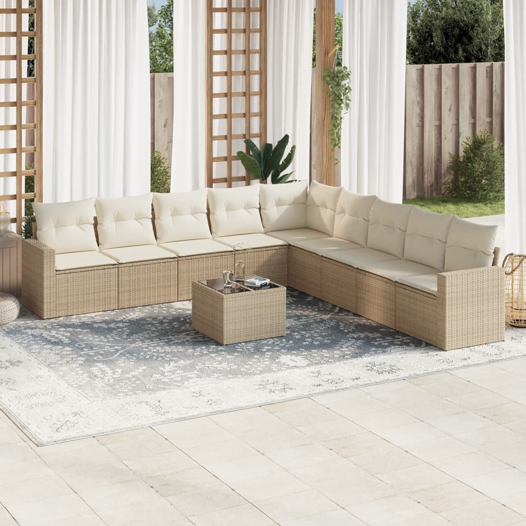 VidaXL 10-delige Loungeset met kussens poly rattan beige