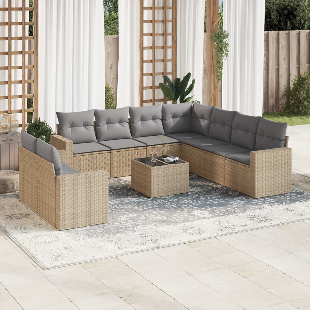 VidaXL 10-delige Loungeset met kussens poly rattan beige