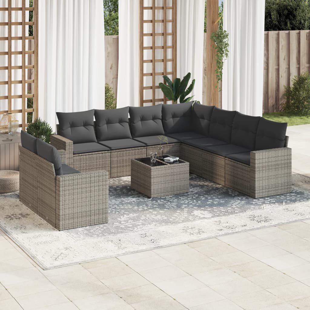 VidaXL 10-delige Loungeset met kussens poly rattan grijs