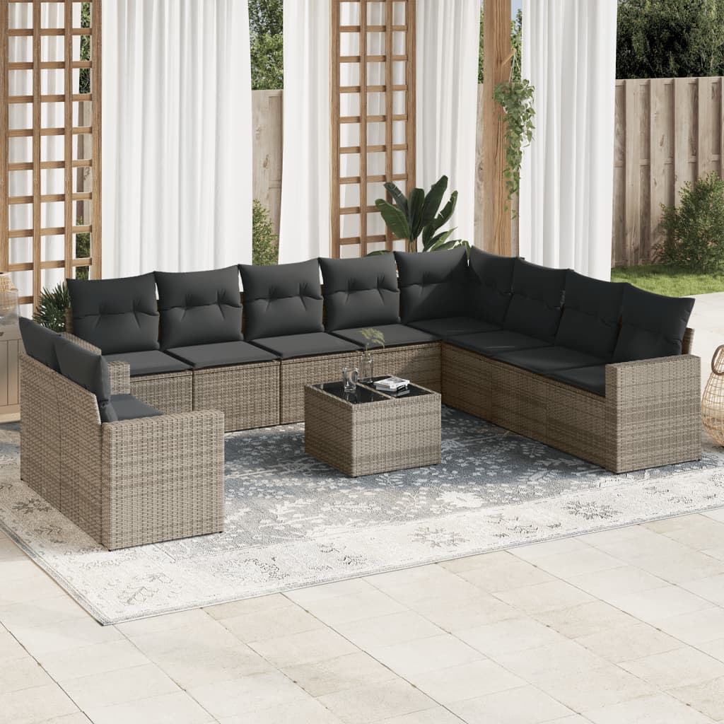 VidaXL 11-delige Loungeset met kussens poly rattan grijs