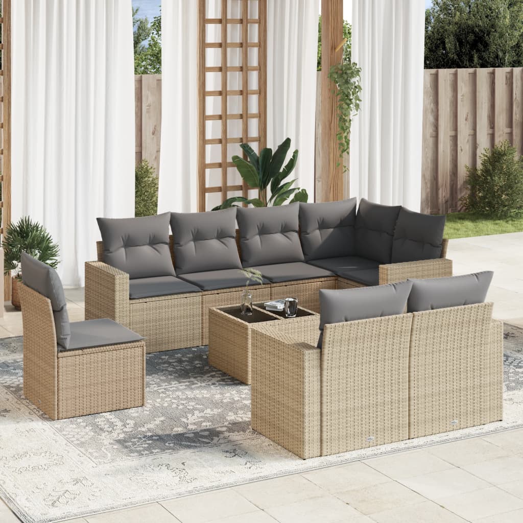 VidaXL 9-delige Loungeset met kussens poly rattan beige