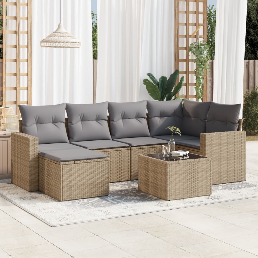 VidaXL 7-delige Loungeset met kussens poly rattan beige