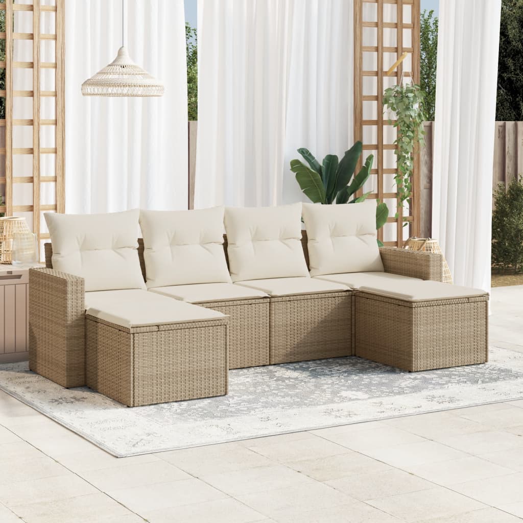 VidaXL 6-delige Loungeset met kussens poly rattan beige