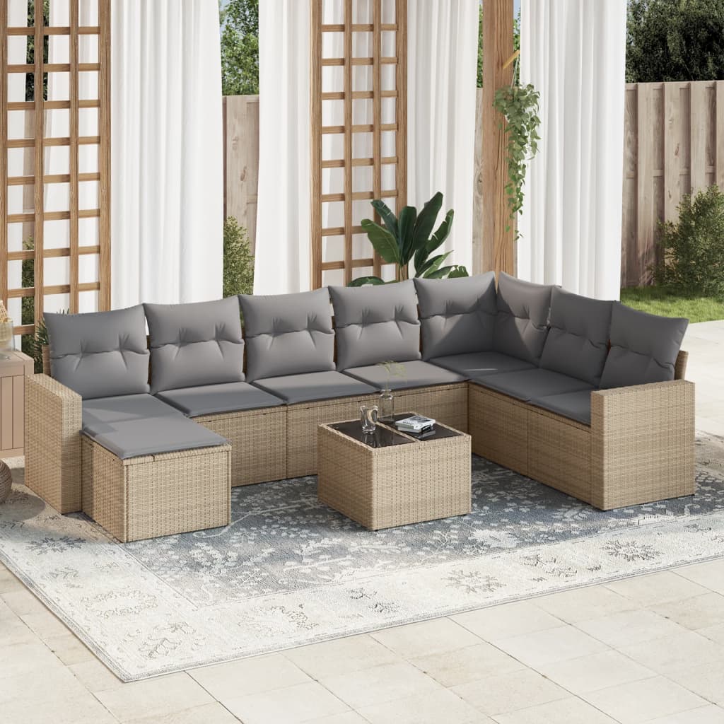 VidaXL 9-delige Loungeset met kussens poly rattan beige