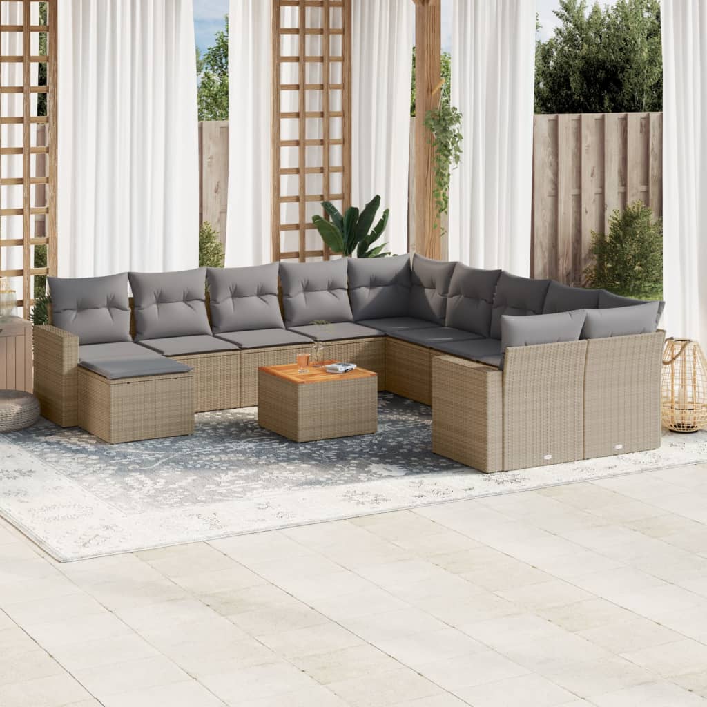 vidaxl 12-delige Loungeset met kussens poly rattan gemengd beige