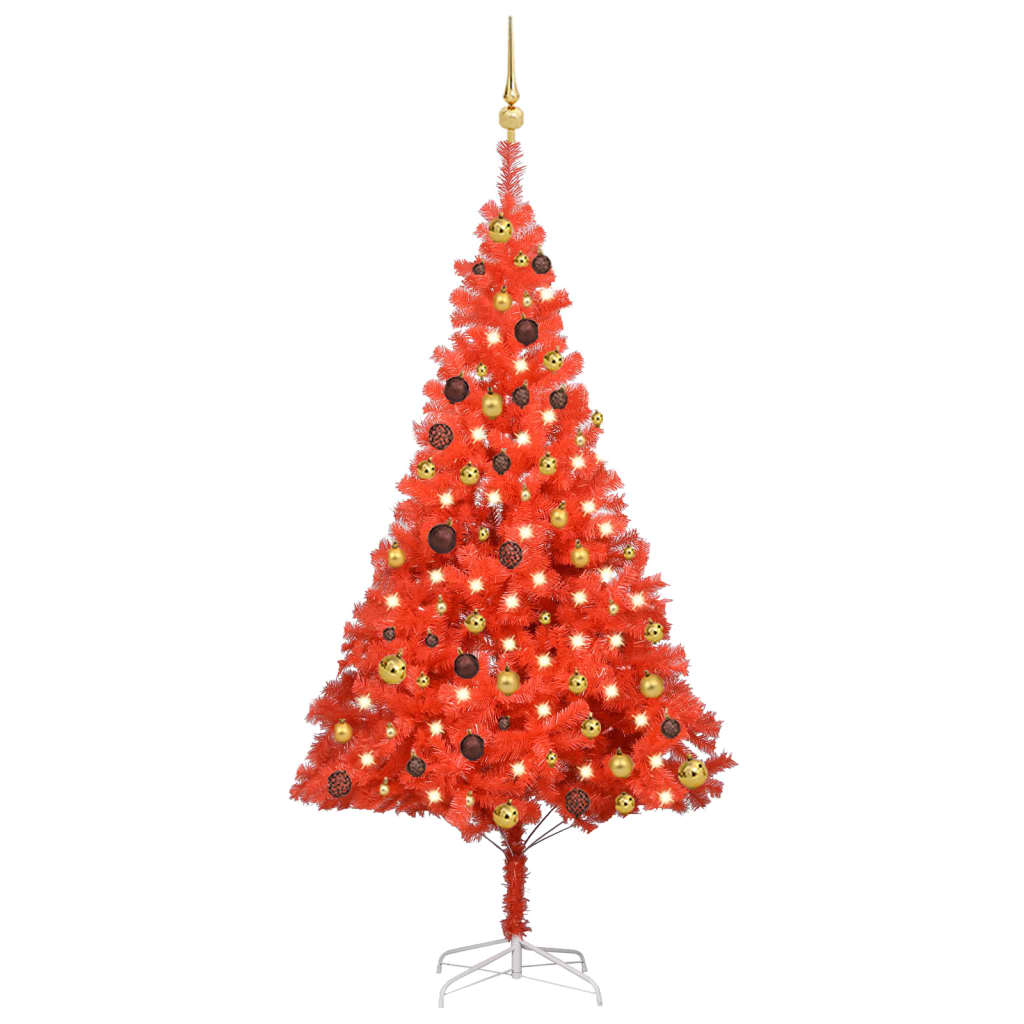 VidaXL Kunstkerstboom met verlichting en kerstballen 180 cm PVC rood