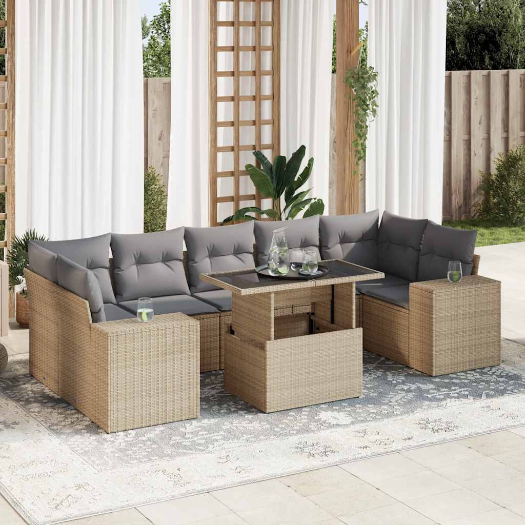 VidaXL 8-delige Loungeset met kussens poly rattan beige