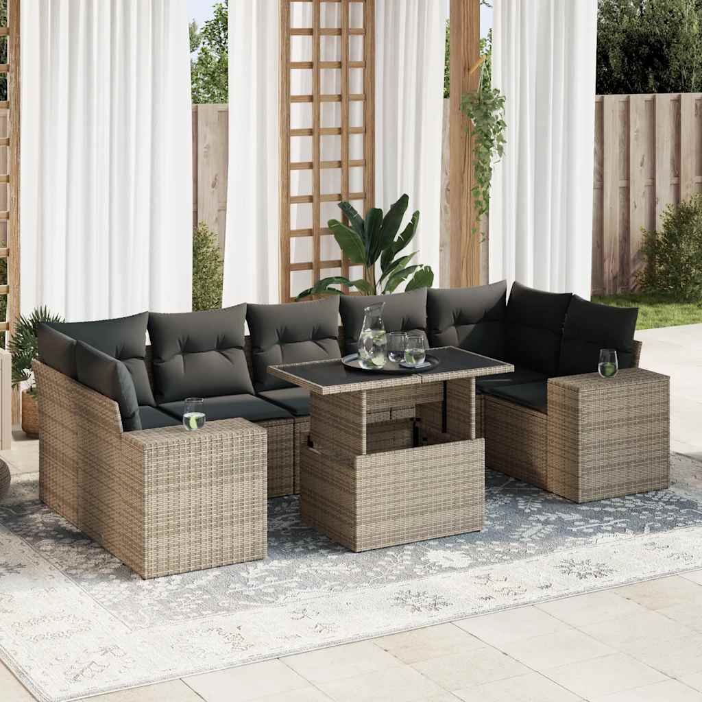 VidaXL 8-delige Loungeset met kussens poly rattan grijs