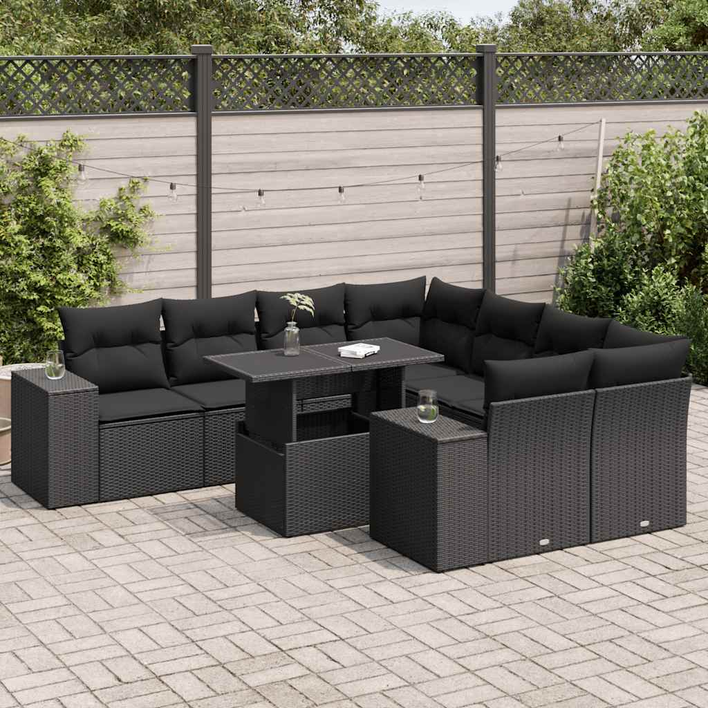 VidaXL 9-delige Loungeset met kussens poly rattan zwart