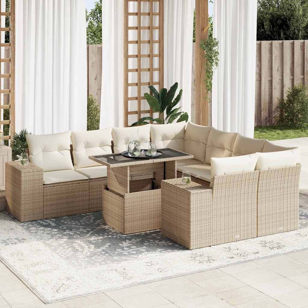 VidaXL 9-delige Loungeset met kussens poly rattan beige