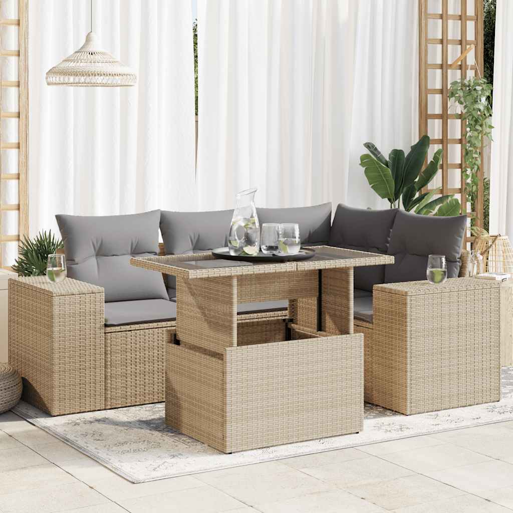 VidaXL 5-delige Loungeset met kussens poly rattan beige