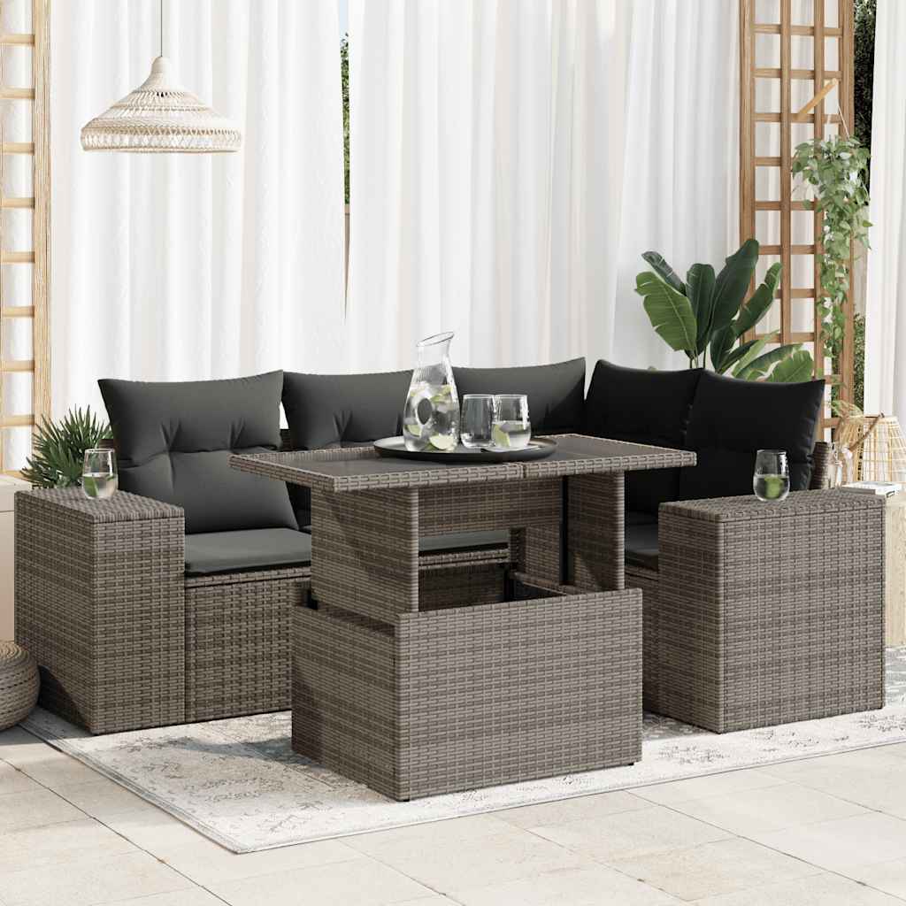 VidaXL 5-delige Loungeset met kussens poly rattan grijs