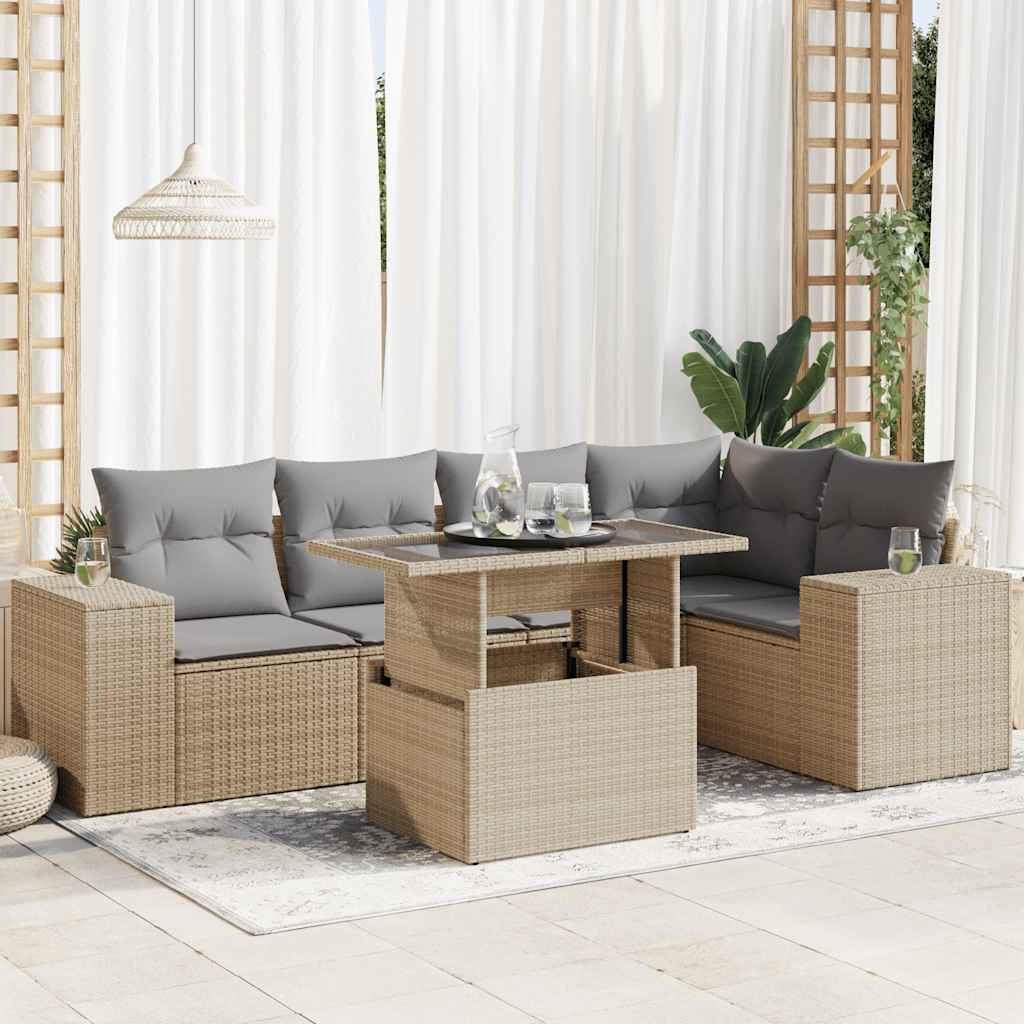 VidaXL 6-delige Loungeset met kussens poly rattan beige