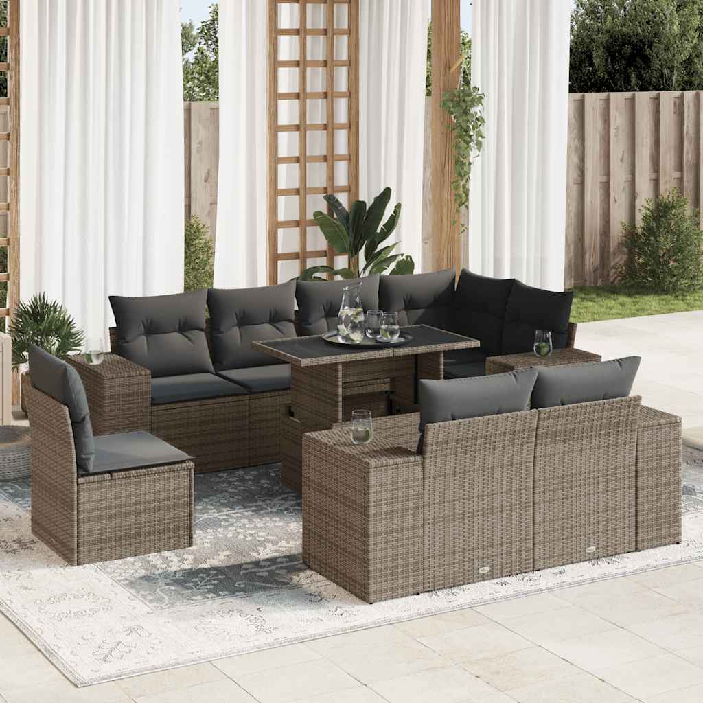 VidaXL 9-delige Loungeset met kussens poly rattan grijs