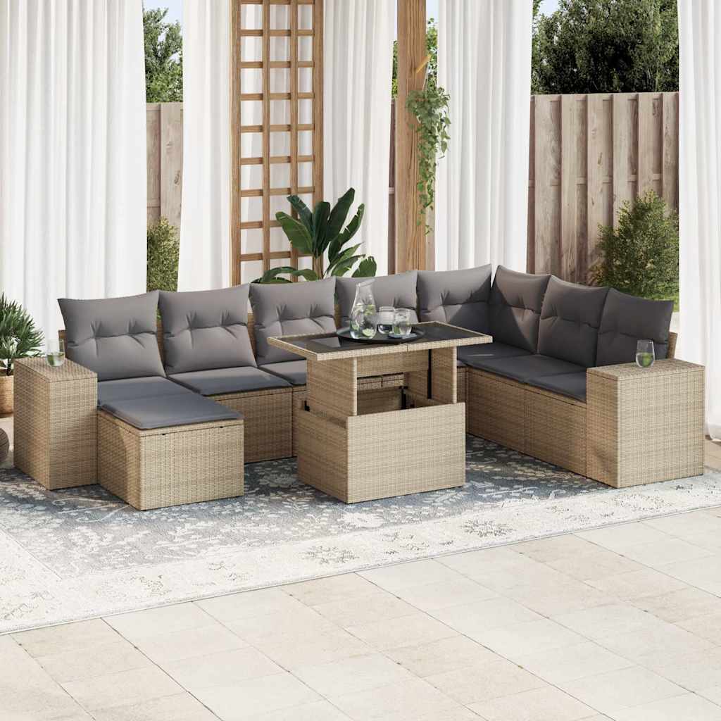 VidaXL 9-delige Loungeset met kussens poly rattan beige