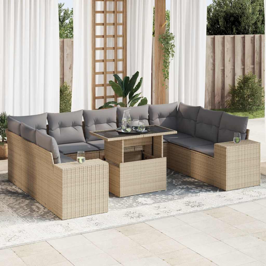 VidaXL 10-delige Loungeset met kussens poly rattan beige