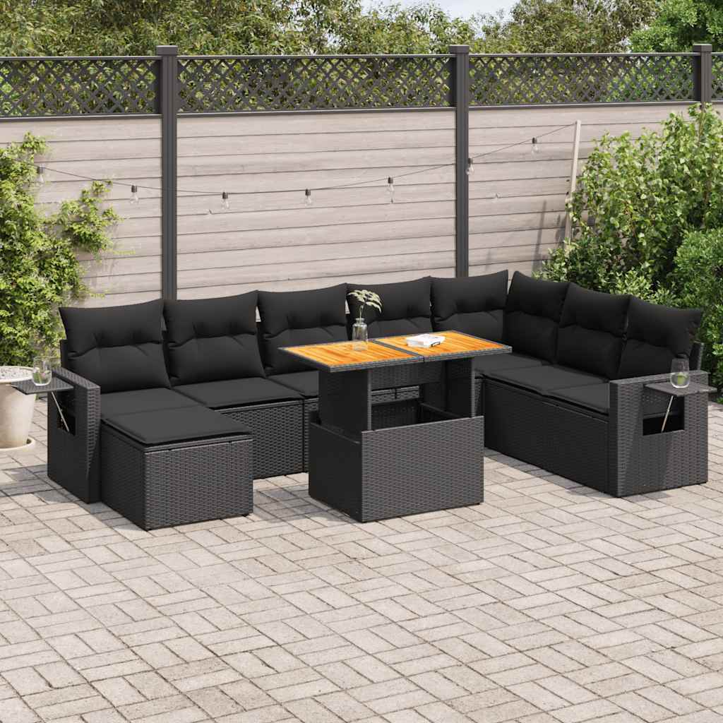 VidaXL 9-delige Loungeset met kussens poly rattan zwart