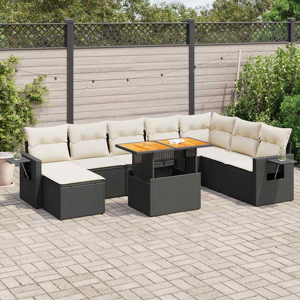 VidaXL 9-delige Loungeset met kussens poly rattan zwart