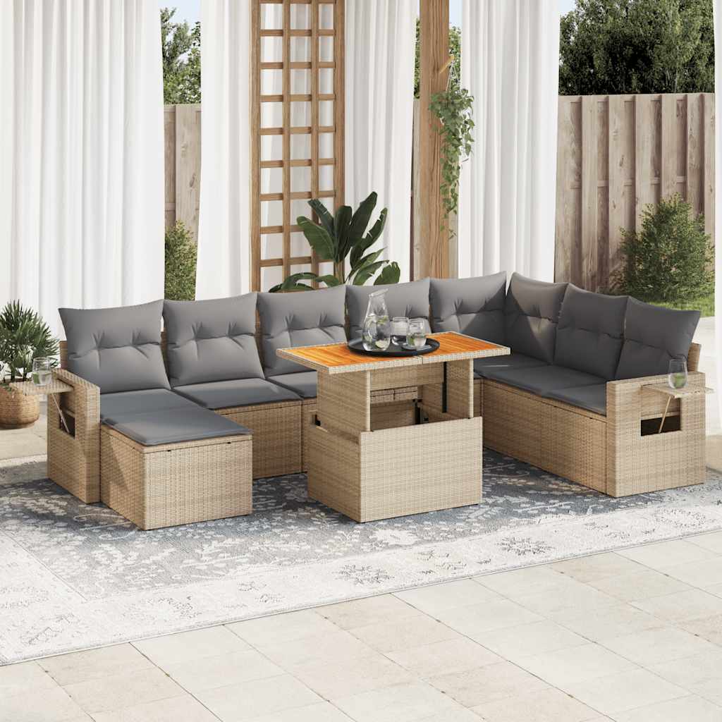 VidaXL 9-delige Loungeset met kussens poly rattan beige