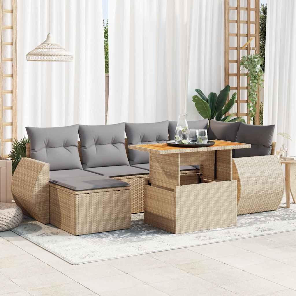 VidaXL 7-delige Loungeset met kussens poly rattan beige