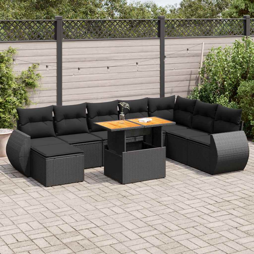 VidaXL 9-delige Loungeset met kussens poly rattan zwart