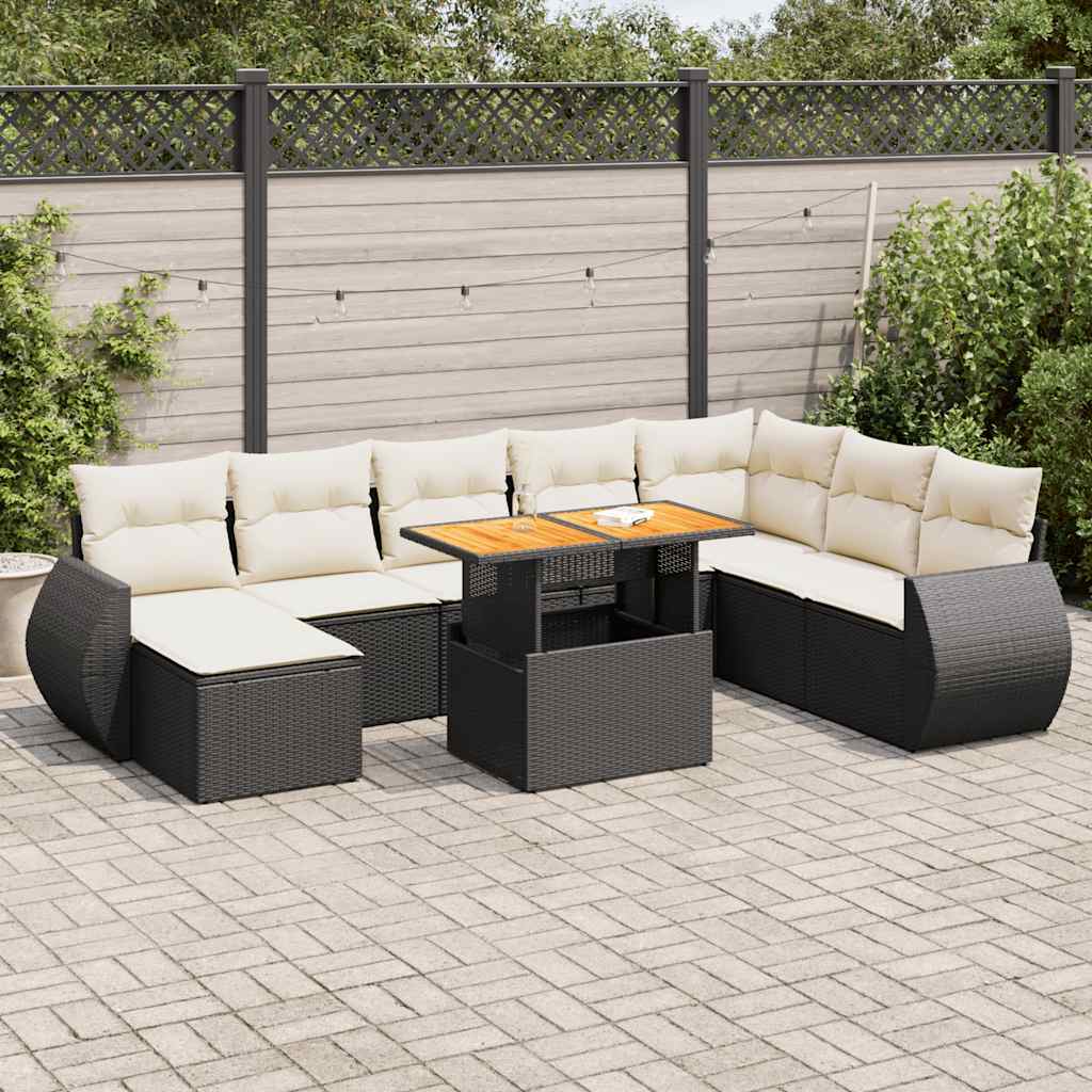 VidaXL 9-delige Loungeset met kussens poly rattan zwart