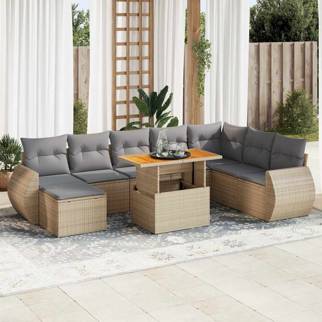 VidaXL 9-delige Loungeset met kussens poly rattan beige