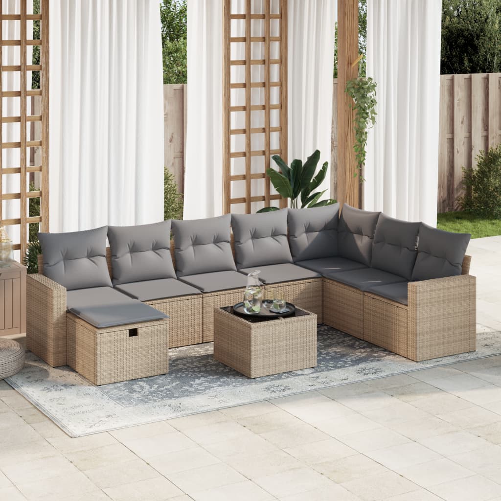 VidaXL 9-delige Loungeset met kussens poly rattan beige