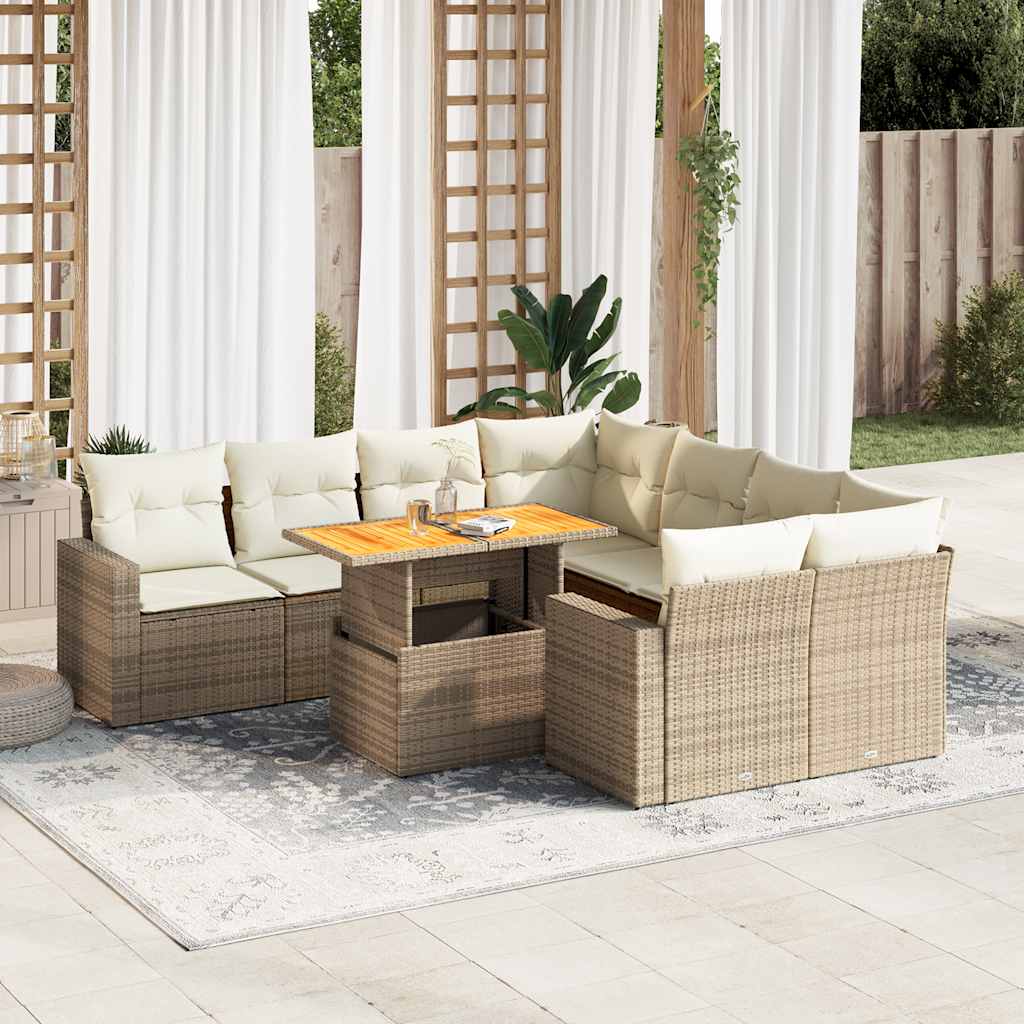 VidaXL 9-delige Loungeset met kussens poly rattan beige