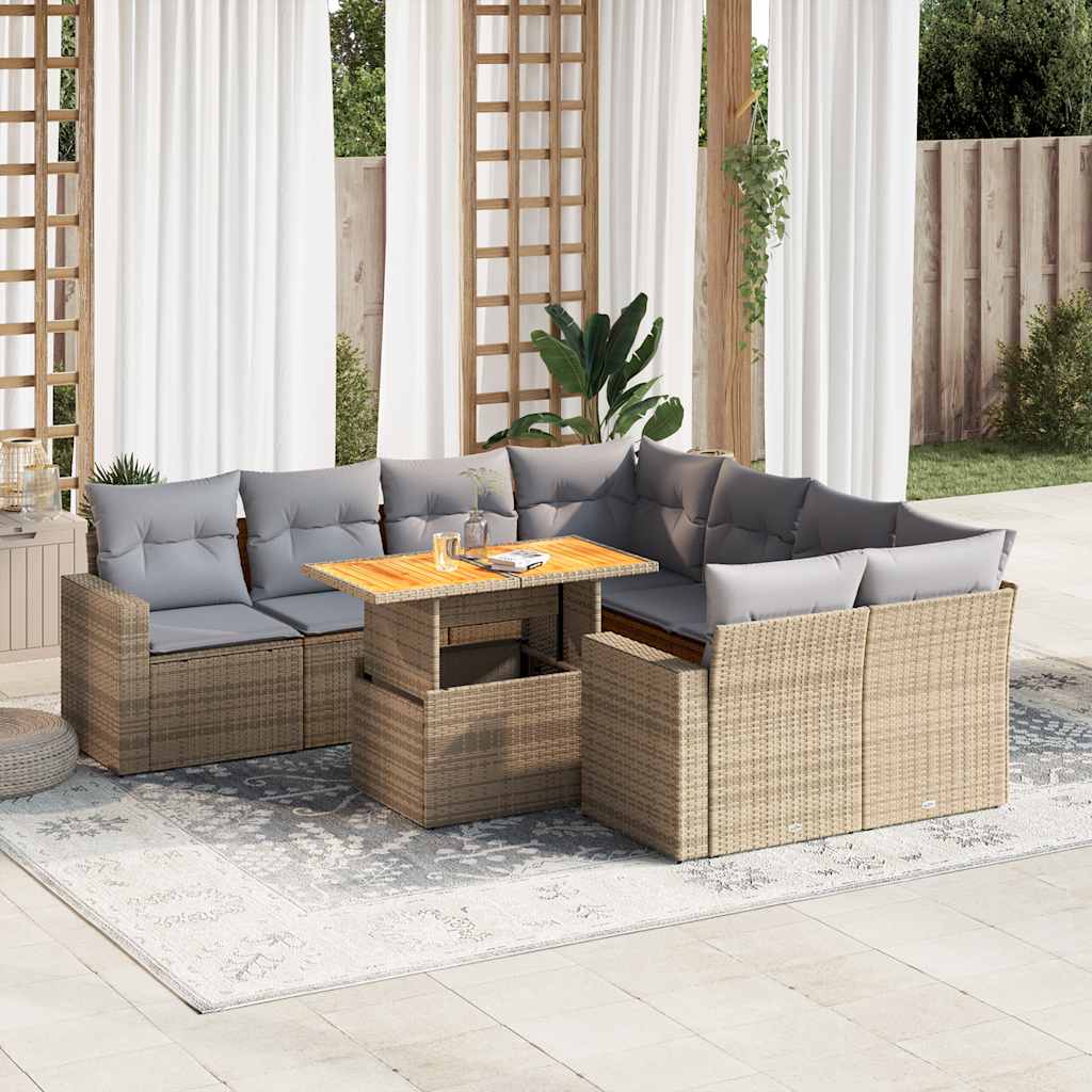 VidaXL 9-delige Loungeset met kussens poly rattan beige