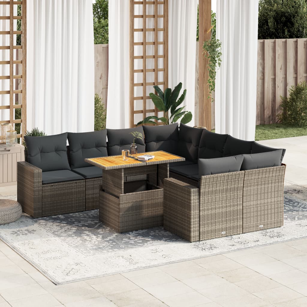 VidaXL 9-delige Loungeset met kussens poly rattan grijs