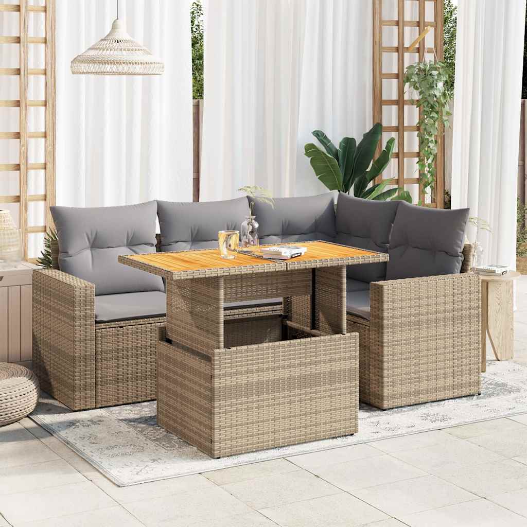 VidaXL 5-delige Loungeset met kussens poly rattan beige