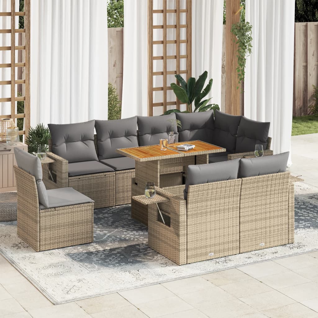 VidaXL 9-delige Loungeset met kussens poly rattan beige