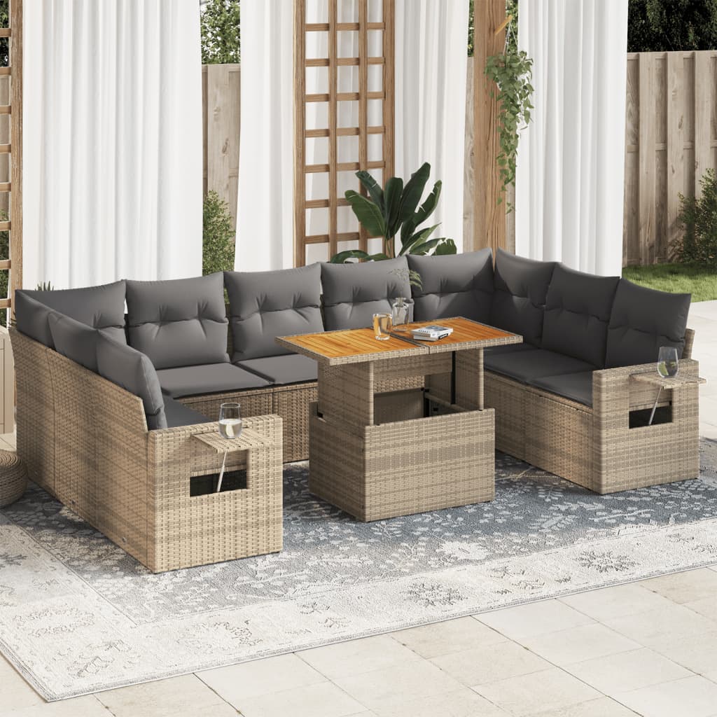 VidaXL 10-delige Loungeset met kussens poly rattan beige