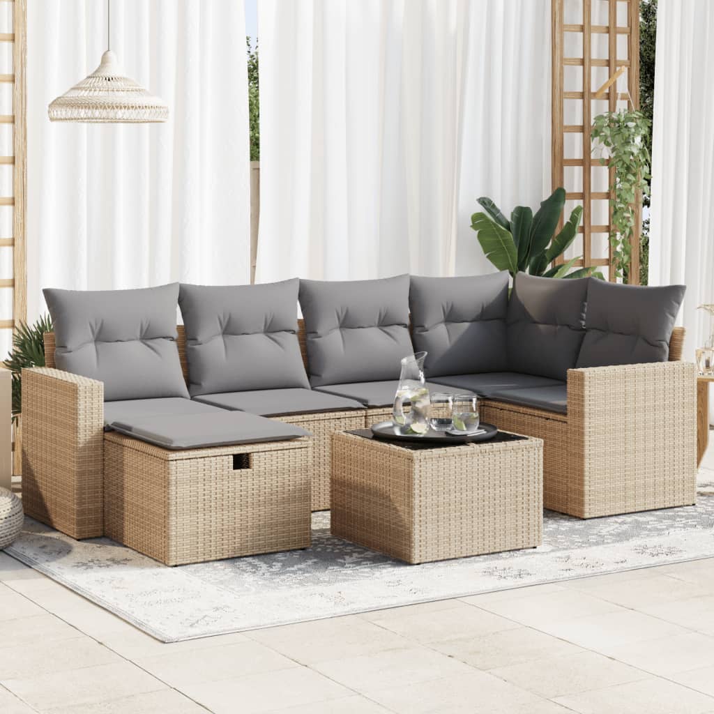 VidaXL 7-delige Loungeset met kussens poly rattan beige