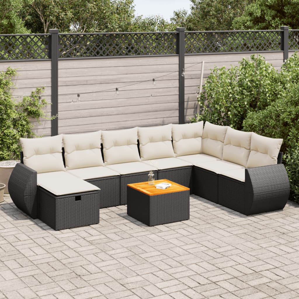 VidaXL 9-delige Loungeset met kussens poly rattan zwart