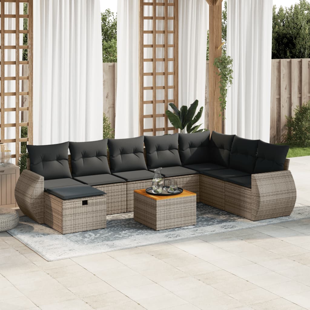 VidaXL 9-delige Loungeset met kussens poly rattan grijs