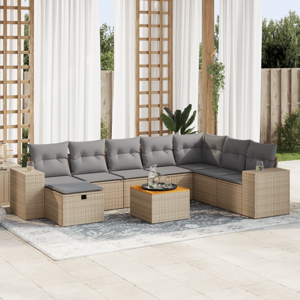 VidaXL 9-delige Loungeset met kussens poly rattan beige